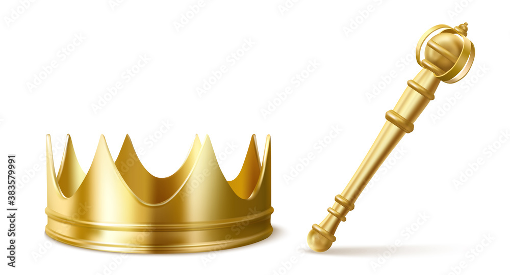 Gold royal crown and scepter for king or queen. Vector realistic luxury golden corona and sceptre, medieval diadem for prince, princess or emperor and monarchy rod isolated on transparent background