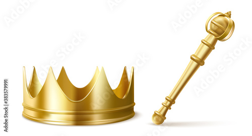 Gold royal crown and scepter for king or queen. Vector realistic luxury golden corona and sceptre, medieval diadem for prince, princess or emperor and monarchy rod isolated on transparent background