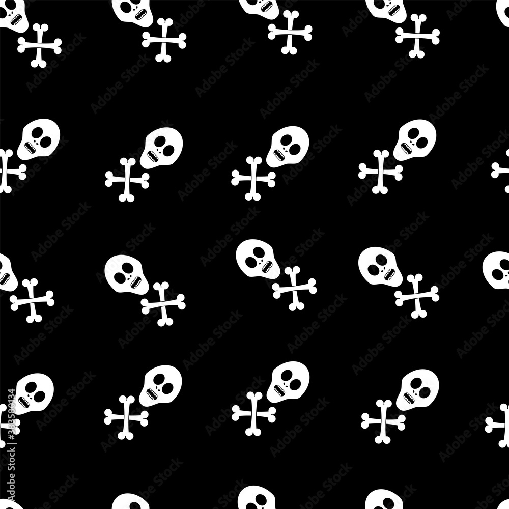 Seamless pattern with skulls and bones on a black background