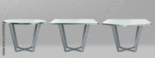 Modern tables with round, square and pentagon glass top. Vector realistic set of cocktail, coffee or dining table with metal cross legs and clear plexiglass top