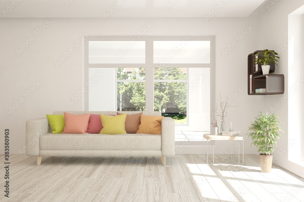 White living room with sofa and summer landscape in window. Scandinavian interior design. 3D illustration