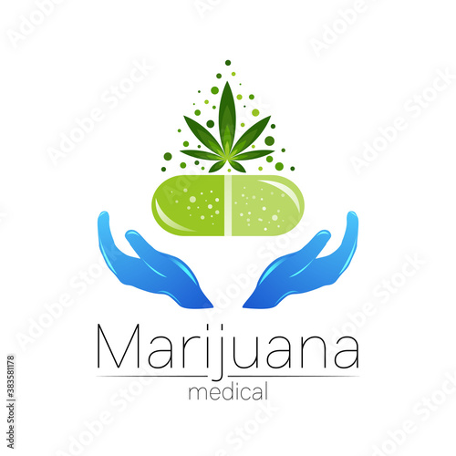 Vector Silhouette of a Hemp Leaf. Cannabis sativa or Cannabis indica. Medical pharmacy symbol with herbal plant leaves silhouette. Pill bottle with medical marijuana pills vector illustration.