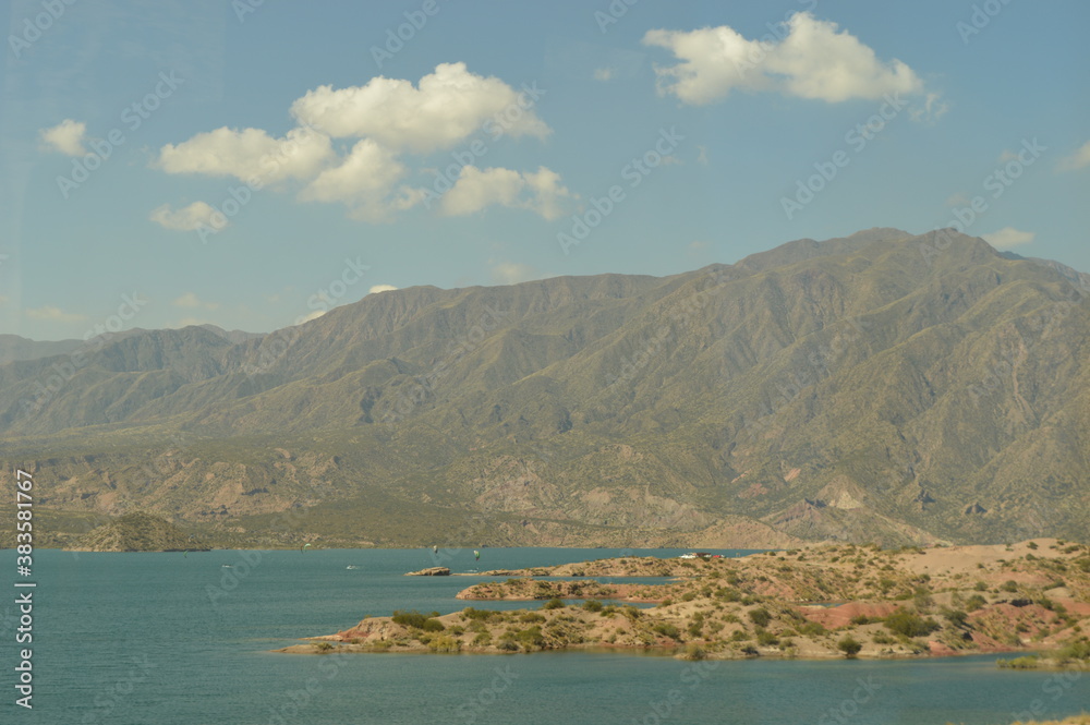 Fototapeta premium Driving and hiking in the Andes Mountains between Chile and Argentina on the way to Mendoza