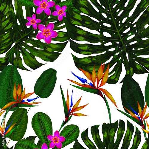 Watercolor seamless pattern with tropical leaves and flowers. Beautiful allover print with hand drawn exotic plants. Swimwear botanical design. Vector. Vintage exotic print.