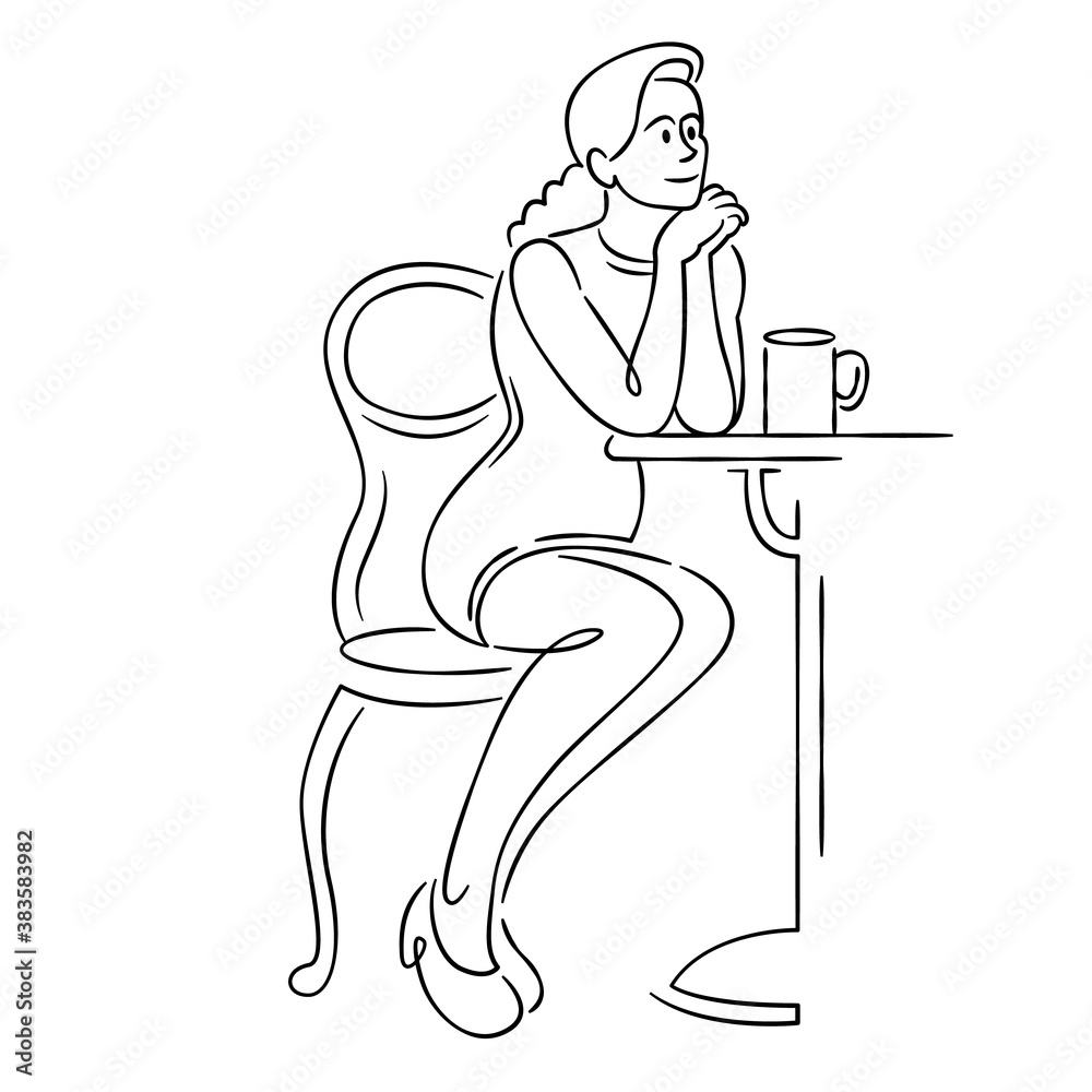 A young woman sits in a cafe and drinks hot coffee.