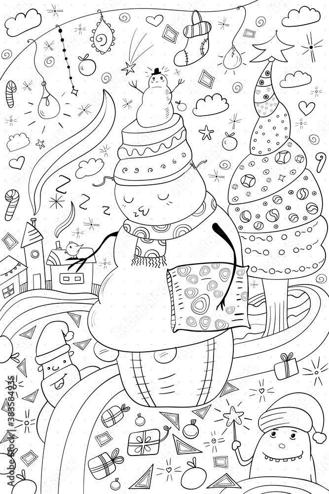 Kawaii Christmas, Holiday illustration Snowman, Santa Claus, Christmas tree, Zentangle Doodling patterns for Coloring page or book, anti-stress, hobby.
