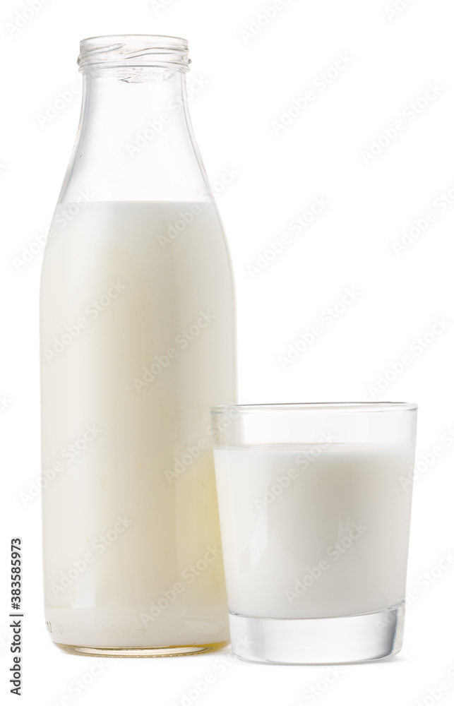 Glass cup and bottle of fresh milk isolated Glass cup and bottle of fresh milk isolated