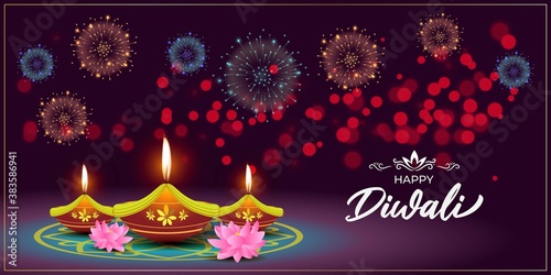 Vector illustration for  greeting of happy diwali, festival of lights, diya lamp, oil lamp, diya danglers, patterns, colorful bokeh background