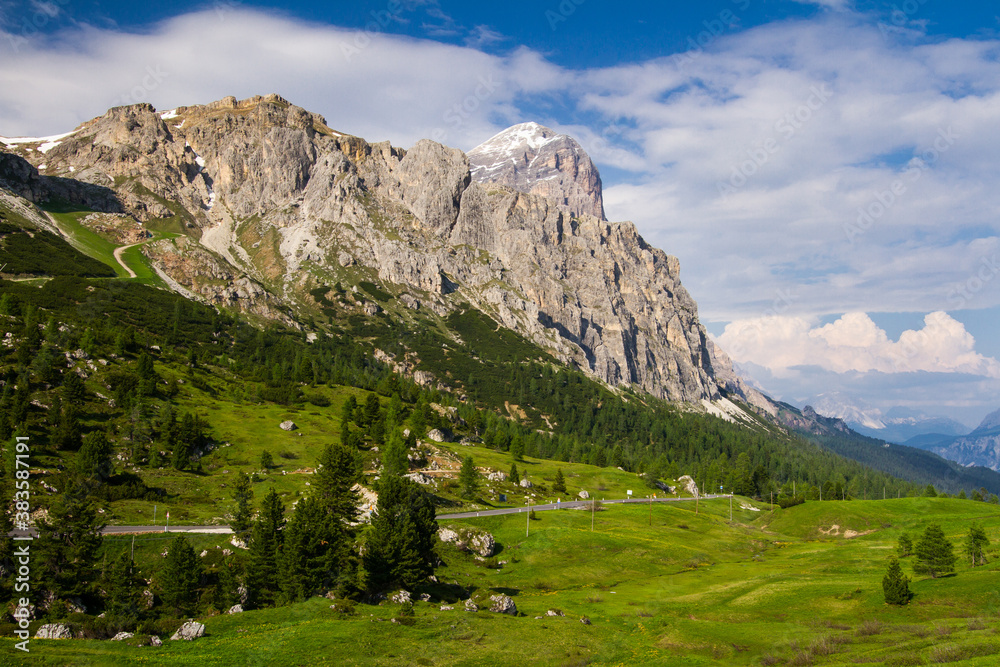 landscape in the mountains, dolomites hills with blue sky, perfect summer hike, italy