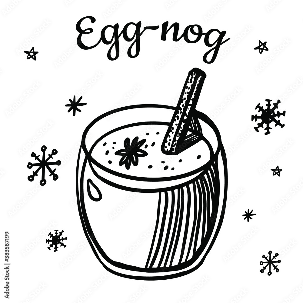 Eggnog line illustration with cinnamon and star anise isolated on white ...