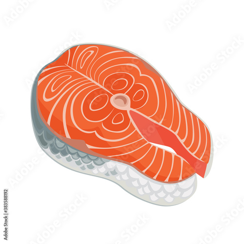 Fresh salmon steak isolated on white background. Vector illustration of red fish meat in cartoon flat style.