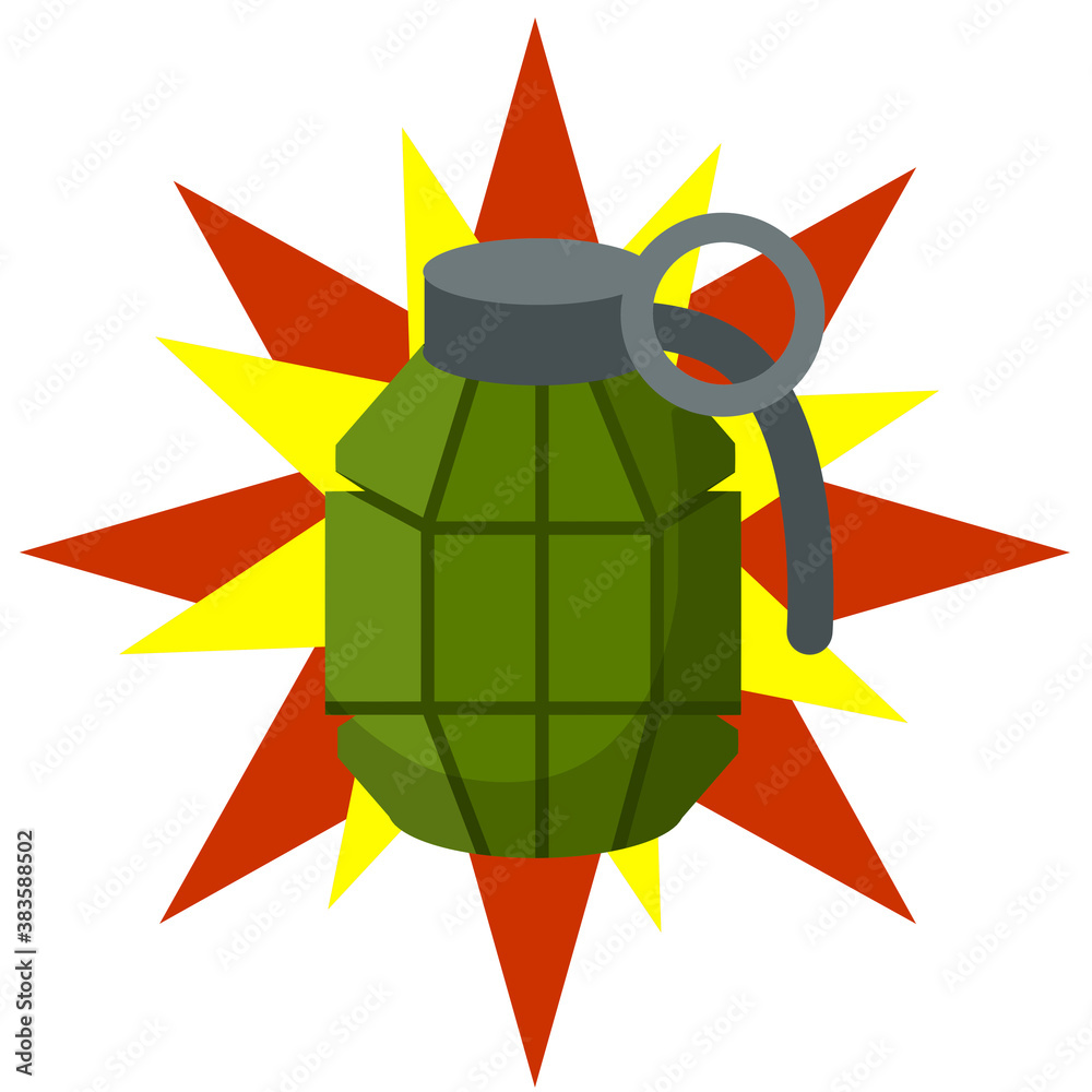 Grenade explosion. Vector Green bomb. Weapons and bombshell. Red flash