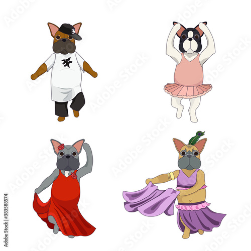 Set of French Bulldogs in different costumes for dance currents on white isolated background, vector stock illustration in Cartoon style, concept of Dancing, Pets and Animals, Hobby and Job, or Dogs.