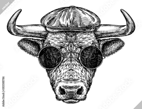 black and white engrave isolated bull vector illustration