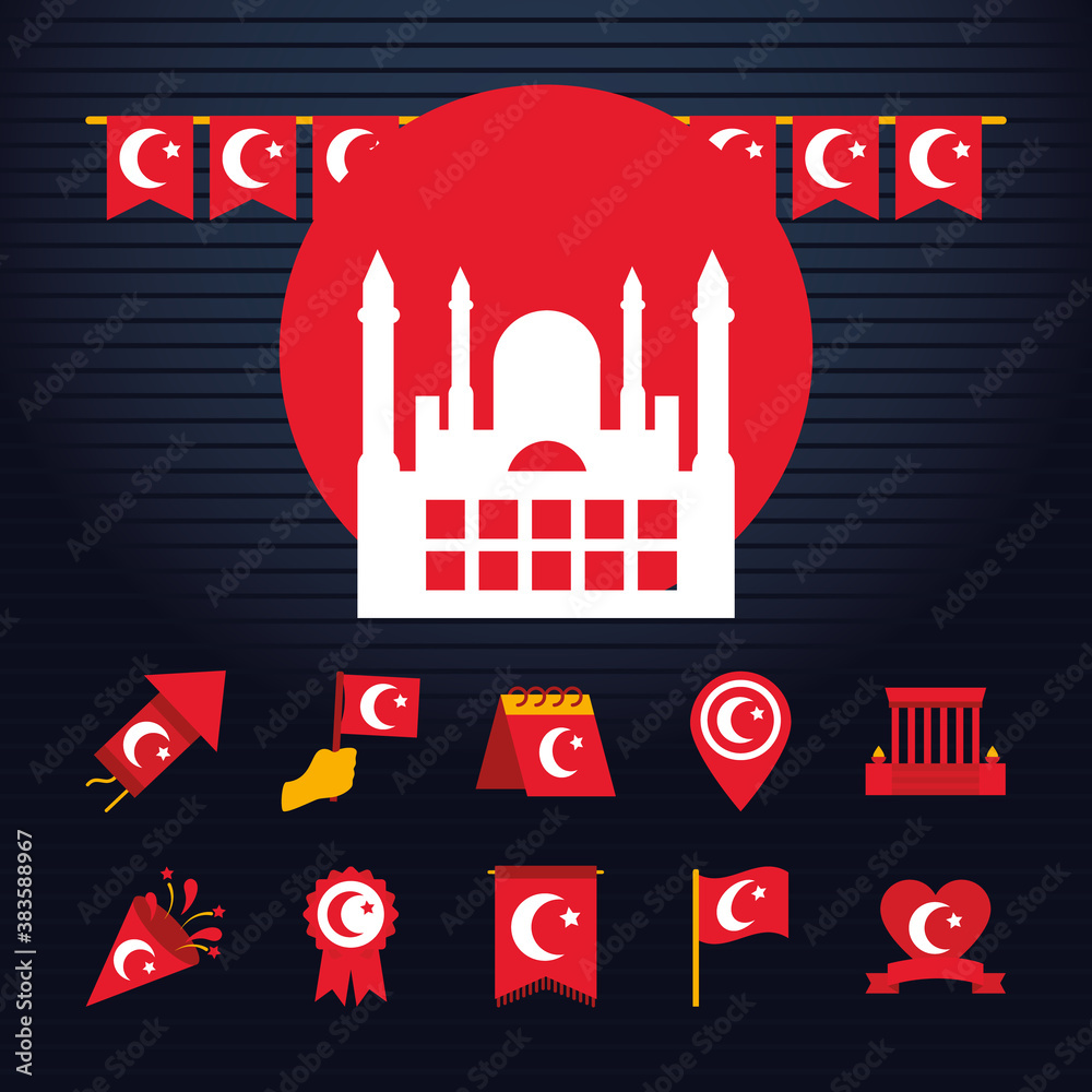turkish palace and turkey republic day icon set, flat style