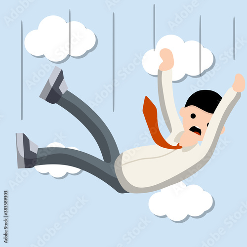 Falling down man in shirt and tie. Office problem. Employee dismissal and crisis. Scared guy. Cartoon flat illustration. Work in Economics. Work in exchange. Collapse and bankruptcy. Blue sky