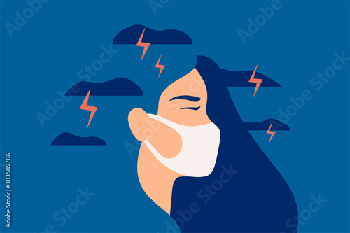 Woman in a protective mask feels anxiety and suffers from panic attacks. Girl in depression with gloomy thoughts breathing through a mask. Mental health vector concept