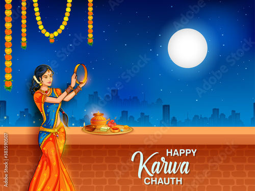illustration of Indian woman performing Hindu married festival ritual of Karwa Cahuth looking moon through sieve photo