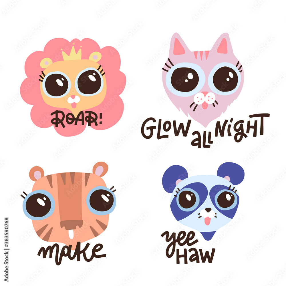 Set of fanny animals with shirt lettering quotes. Vector hand drawn illustration. Lion, cat, tiger and panda faces. Calligraphy text - Roar, glow all night, make, yeehaw.