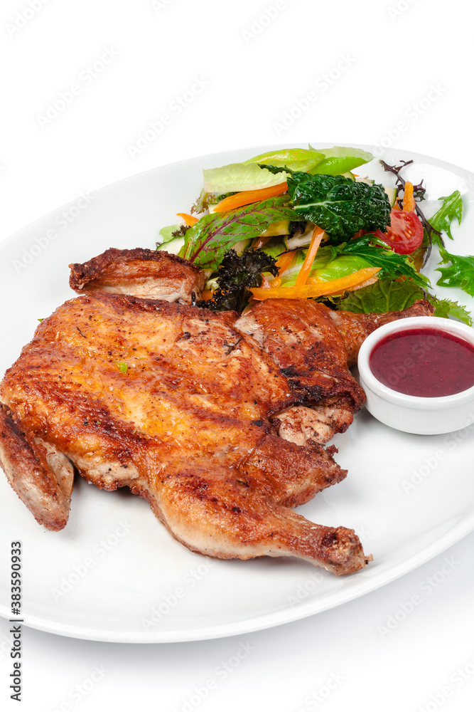 Roasted chicken with crust isolated on white background Roasted chicken with crust isolated on white background