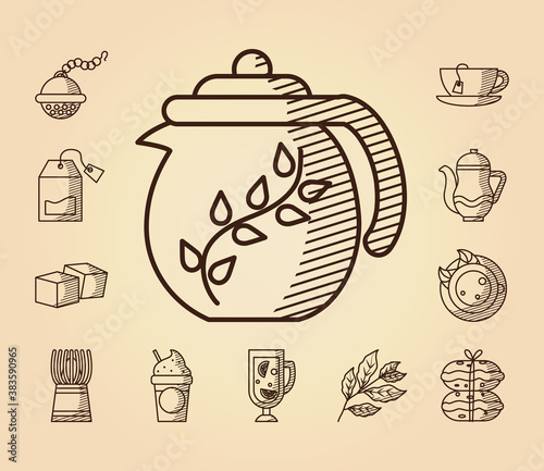 tea tools and tea icon set, line style