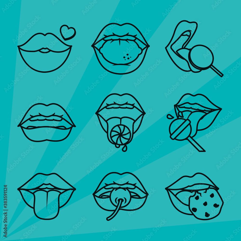 pop art lips and mouth icon set, line style pop art lips and mouth icon set, line style