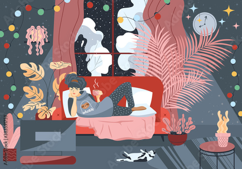 Cute Lazy girl lies on couch. Daily life by young woman in cozy interior with homeplants and cat. Winter longing. The concept of depression, apathy and laziness. Rest at home, relax in apartment