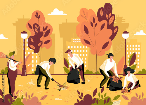 Volunteer team of young people are sweeping and cleaning garbage of city autumn park. Altruistic person clean up environment from waste. Vector flat illustration.