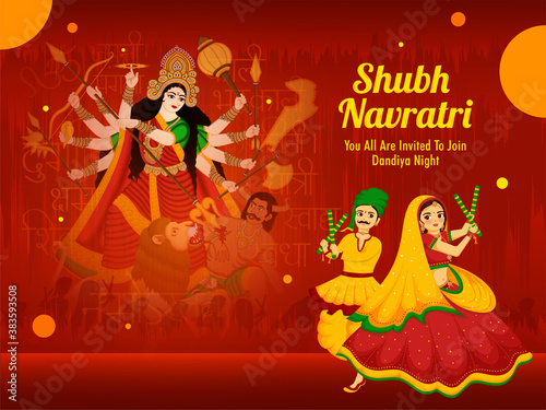 Illustration of maa durga and couple dancing with dandiya for on the celebration of happy navratri. translation in english durga mantra,Happy navratri.