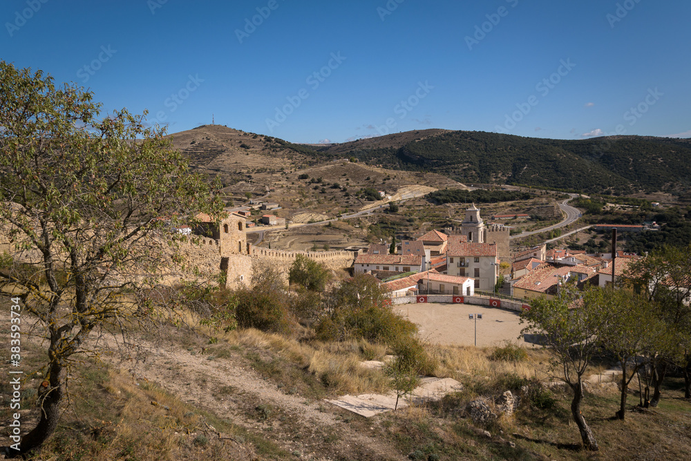 Landscape of the medieval village of Morella surrounded by the wall , Morella, Castellon, Spain
