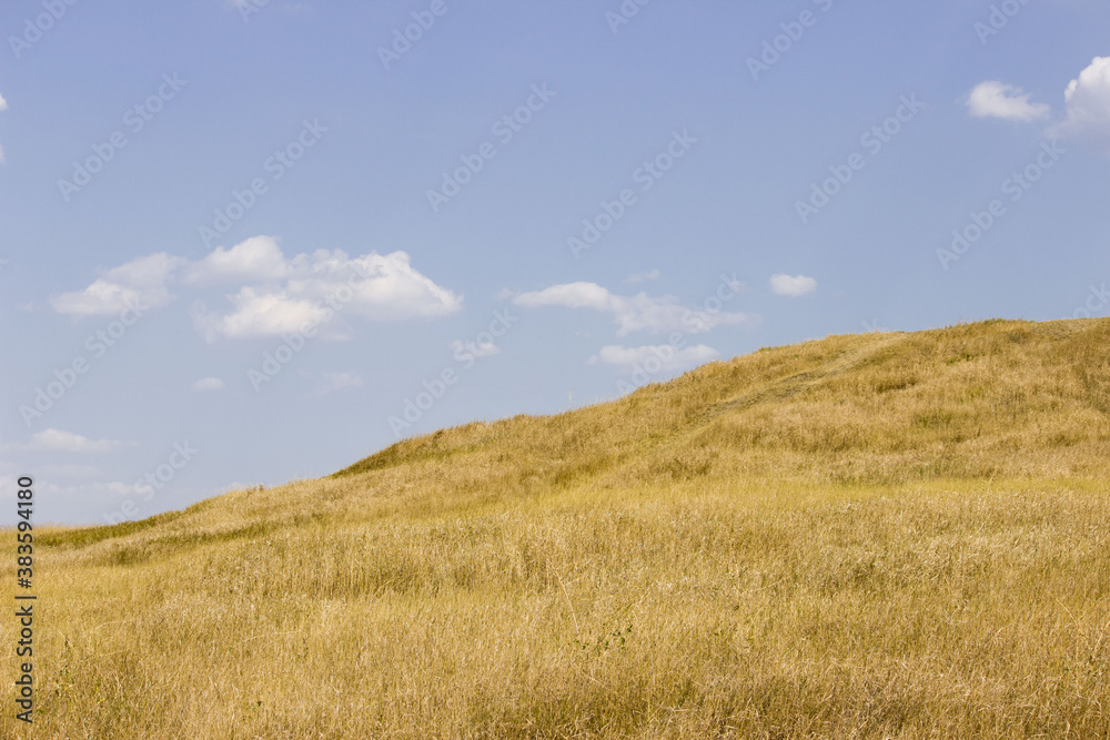 landscape with hills and blue sky. south of russia, summer. yellow grass in late August