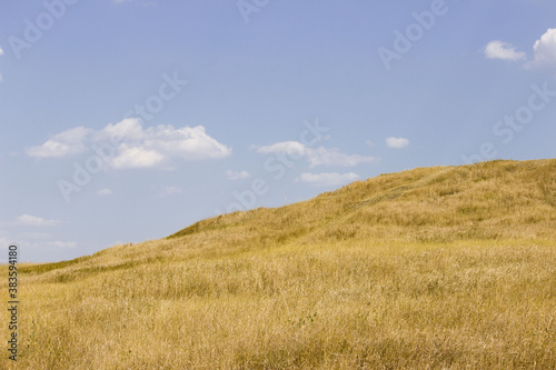 landscape with hills and blue sky. south of russia  summer. yellow grass in late August