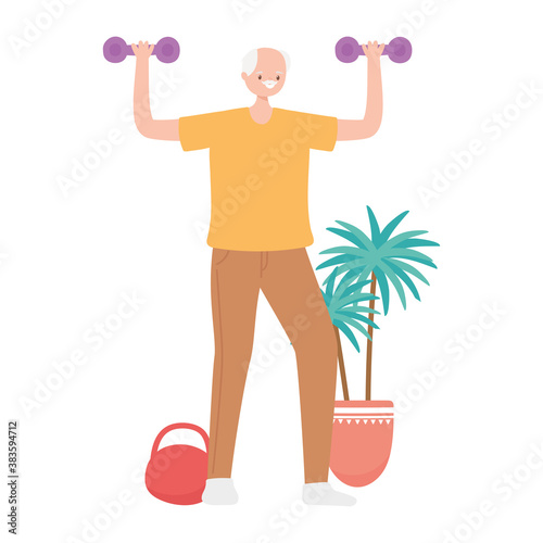 activity seniors, elderly man lifting dumbbells in the room