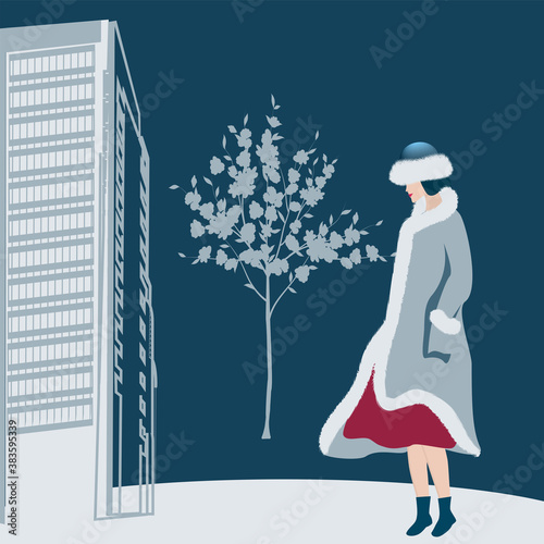 Girl in a coat and hat with fur trim. Winter city landscape, street, house, tree - vector. Fashion beauty. Artificial fur