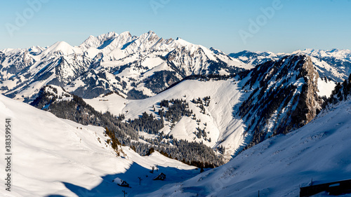 snow covered mountains. Rochers-De-Naye in Switzerland.
