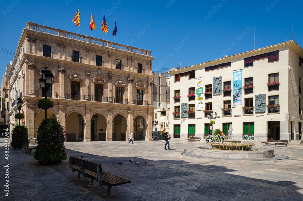 Main square of Castellon de la Plana with the city council building on the left, Spain