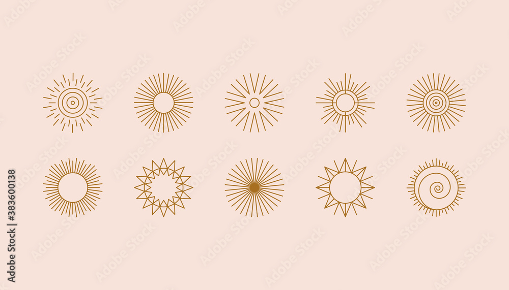 Vector set of linear boho icons and symbols - sun logo design templates - abstract design elements for decoration in modern minimalist style for social media posts Vector set of linear boho icons and symbols - sun logo design templates - abstract design elements for decoration in modern minimalist style for social media posts