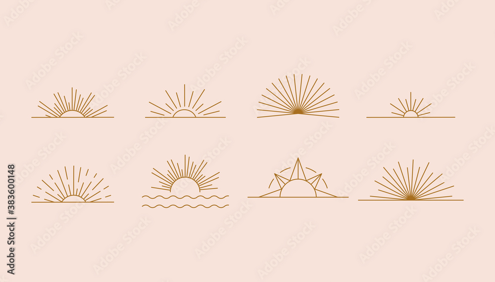 Vector set of linear boho icons and symbols - sun logo design templates  - abstract design elements for decoration in modern minimalist style for social media posts