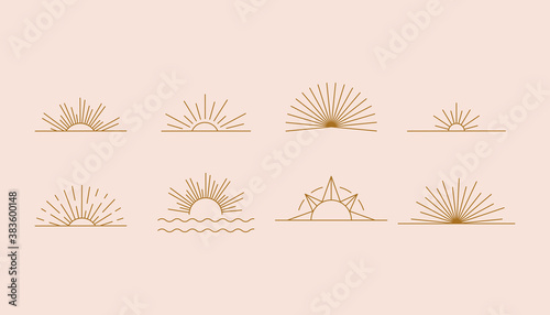 Vector set of linear boho icons and symbols - sun logo design templates - abstract design elements for decoration in modern minimalist style for social media posts
