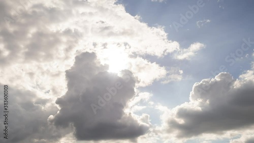 Time-lapse of cumulus clouds covering sun bright sunbeam in sunny day sky. Clean energy or environmental conservation for world climate. Save energy for future generationNatural skycaps background.  photo