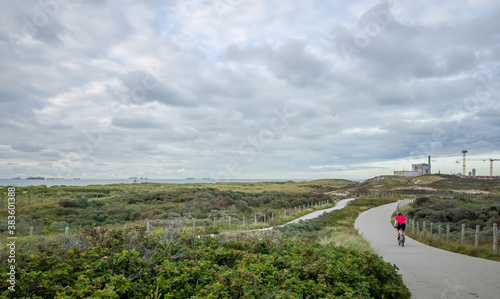 Fotografia Racing cyclist in the southern dunes and beaches of The Hague  / Scheveningen
