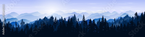 Snowy mountain landscape. Vector blue silhouette of mountains, hills and forest. Holiday background with pine, spruce, Christmas tree. Winter nature. Banner with evergreen coniferous trees for website