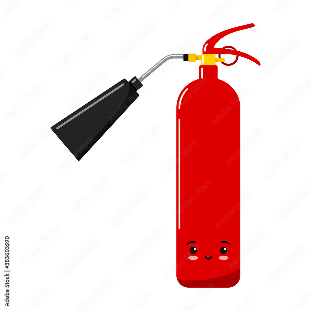 Fototapeta premium Red fire extinguisher with nozzle emoticon icon isolated on a white background. Portable cartoon fire safety mascot symbol. Flat design vector kawaii character illustration.