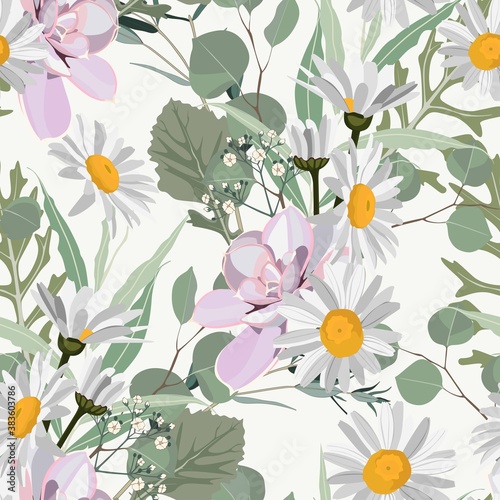 Seamless pattern of Eucalyptus fern herbs and daisy flowers, foliage natural branches seamless pattern.