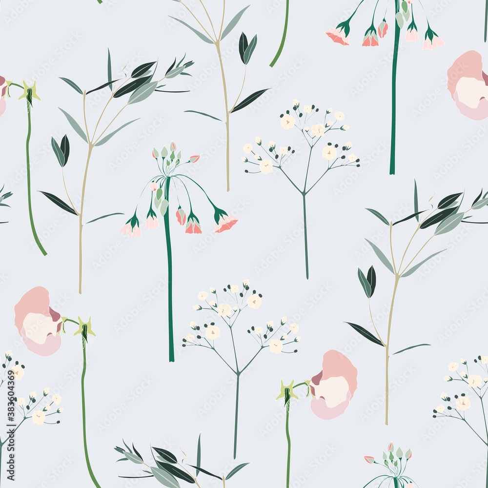 Seamless Floral Background with Blooming Wild flowers. Wallpaper in simple line style on blue grey background. Seamless Floral Background with Blooming Wild flowers. Wallpaper in simple line style on blue grey background.