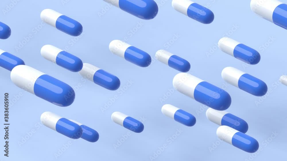 Pill Capsules flying left to right on abstract air track with bright blue background. Medicine and pharmaceutical concept. 3D animation of colorful Blue medical capsules moving - 4K Loop footage. Pill Capsules flying left to right on abstract air track with bright blue background. Medicine and pharmaceutical concept. 3D animation of colorful Blue medical capsules moving - 4K Loop footage.