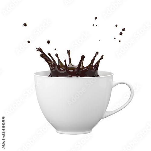 Splash of coffee in a white cup. Isolated on a white background. 3D illustration