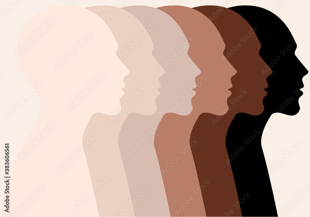 Male faces, profile silhouettes, skin colors, vector