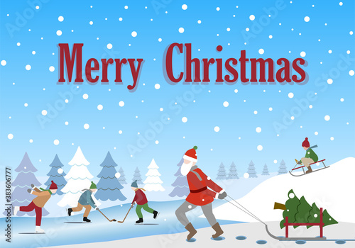 Santa pulls a sleigh with a Christmas tree in a snowy winter landscape with playing kids. Children skating on a frozen winter lake, playing hockey, and sledding down a hill. Christmas greeting.
