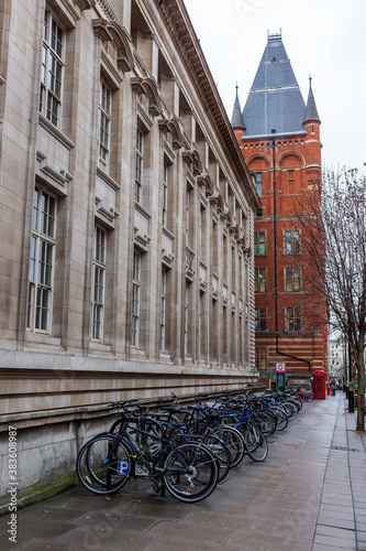 Inline bikes parked on the streets of London. 